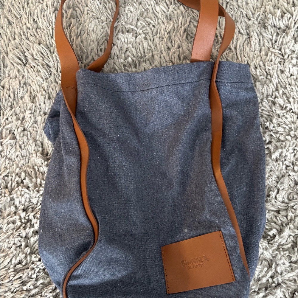 Shinola Denim Blue Tote with Tan Leather Straps